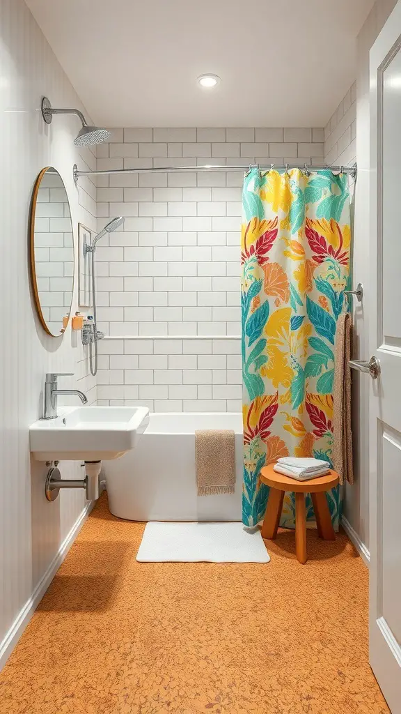 29+ Stunning Bathroom Flooring Ideas to Transform Your Space 9 A stylish bathroom featuring cork flooring, a colorful shower curtain, and modern fixtures.