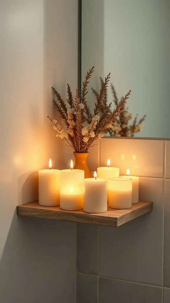 29+ Inspiring Boho Bathroom Shelf Decor Ideas to Transform Your Space 11 A cozy bathroom shelf with lit candles and a small vase of dried flowers.