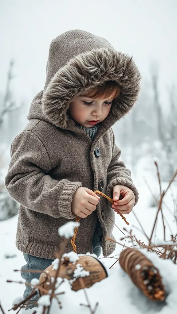 A toddler in a brown jacket exploring a snowy landscape