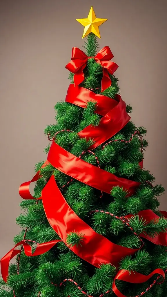 A Christmas tree decorated with red ribbons and a yellow star on top.