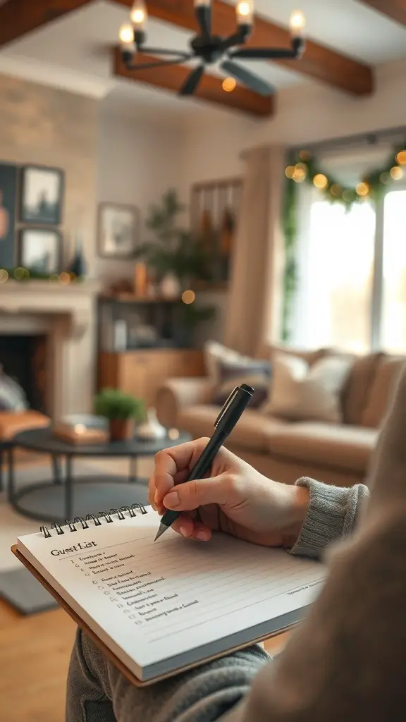 A person writing a guest list in a cozy living room setting.