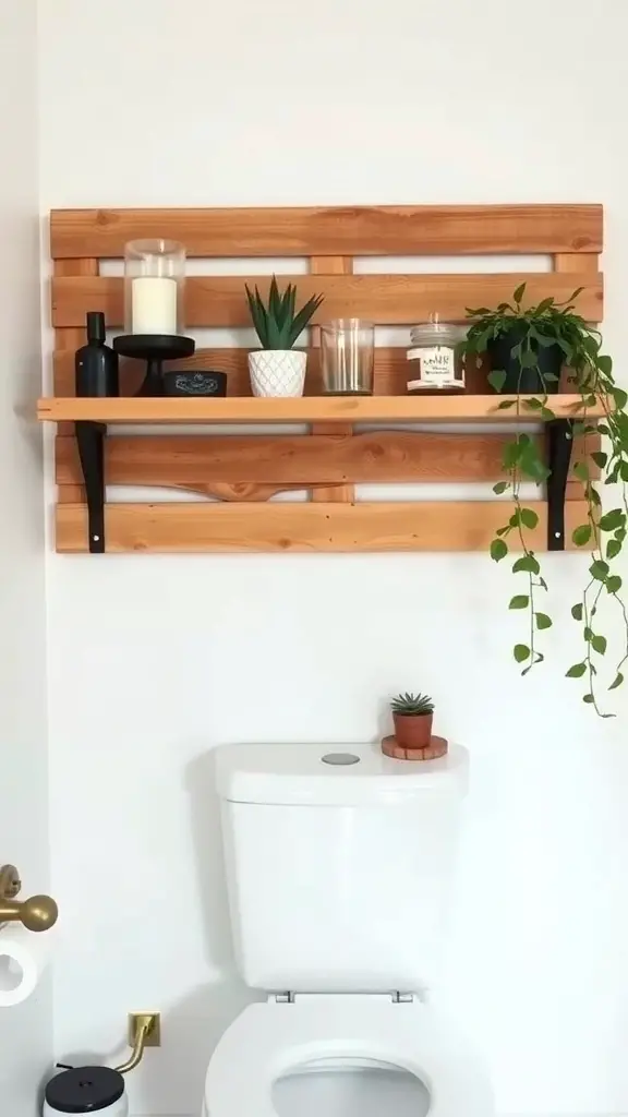 27+ Stylish Over the Toilet Storage Ideas to Maximize Your Space 3 A DIY pallet shelf above a toilet, decorated with plants and candles.