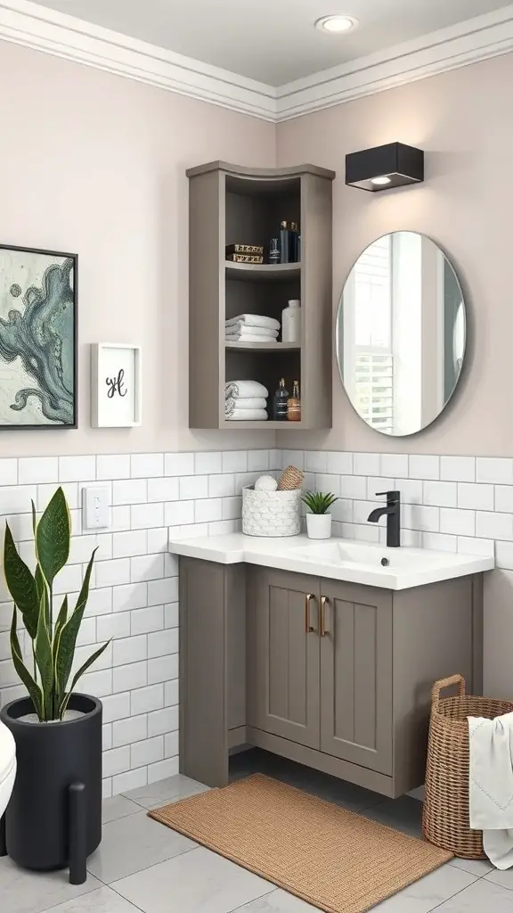 25+ Stylish Bathroom Corner Cabinets for Every Space 11 Stylish bathroom corner cabinet with open shelves and closed storage, featuring a mirror and plants.