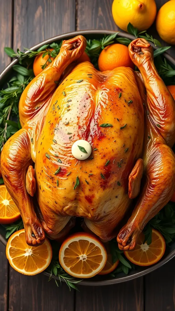 25+ Delicious Thanksgiving Dinner Ideas You Need to Try 8 A beautifully roasted turkey with herb butter, surrounded by oranges and herbs.