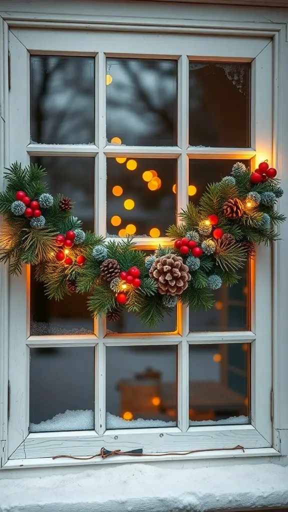 23+ Stunning Christmas Window Decorations to Brighten Your Home 8 A beautifully decorated Christmas garland with pinecones and red berries, illuminated by warm lights, hanging on a window.