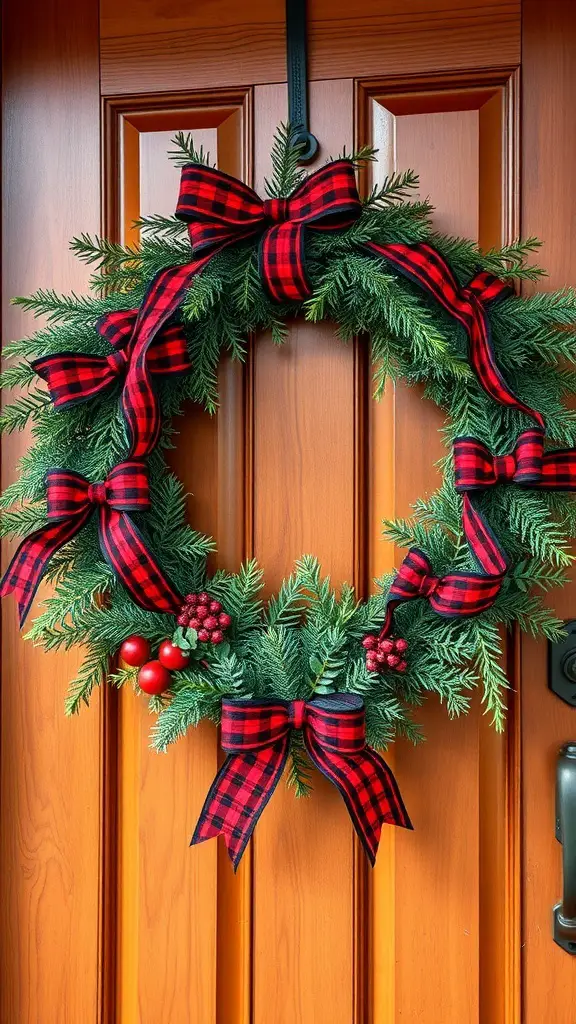 A cozy cabin-inspired wreath with evergreen branches, red berries, and plaid ribbons hanging on a wooden door.