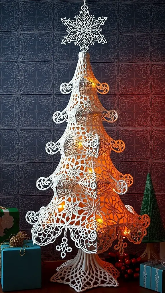 29+ Stunning Crochet Christmas Tree Ideas to Brighten Your Holiday Decor 5 A lace crochet Christmas tree with a star on top, illuminated from within, surrounded by colorful gift boxes.