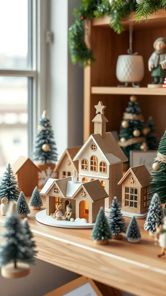 A cozy wooden Christmas village display with charming houses, small trees, and figurines.
