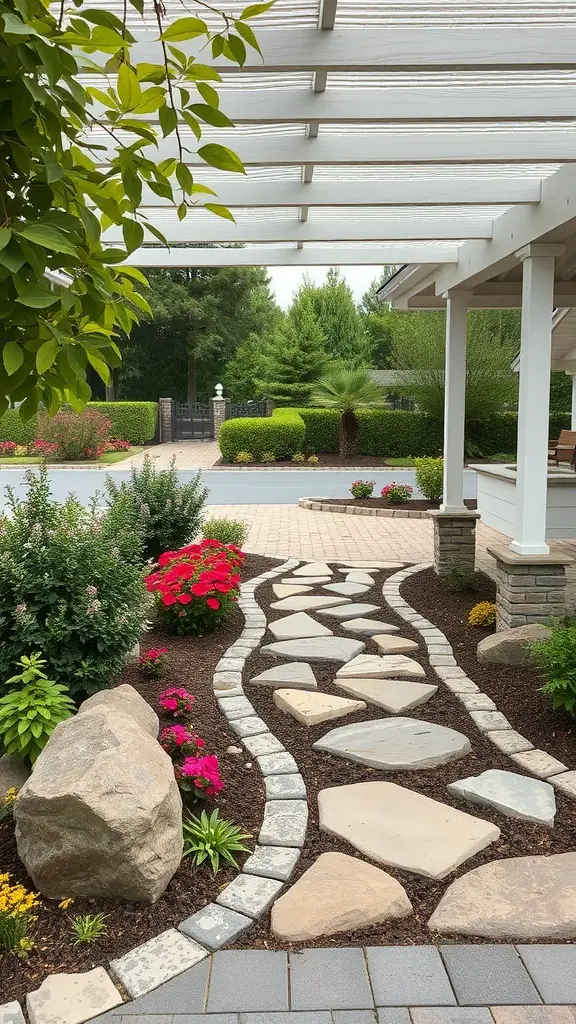 25+ Stylish Carport Ideas to Enhance Your Garage Front 11 A landscaped area around a carport featuring a stone pathway, colorful flowers, and natural stones.
