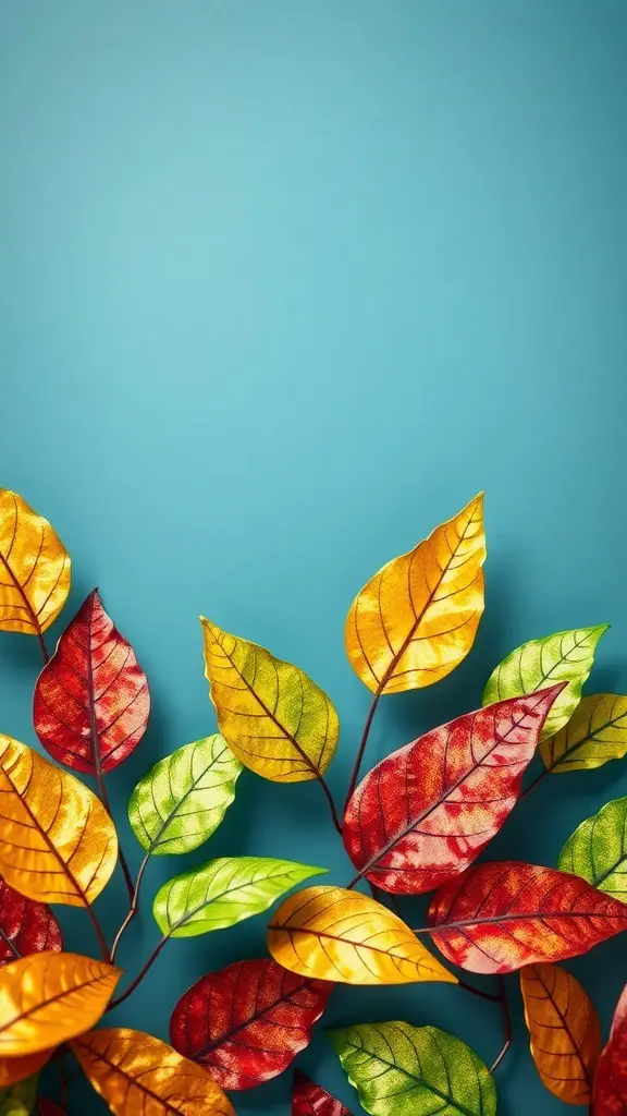 25+ Fun Thanksgiving Crafts for Toddlers to Create Together 14 Colorful foil print leaves on a blue background