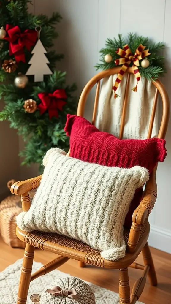 Two upcycled sweater pillows, one cream and one red, on a wooden chair with Christmas decorations.