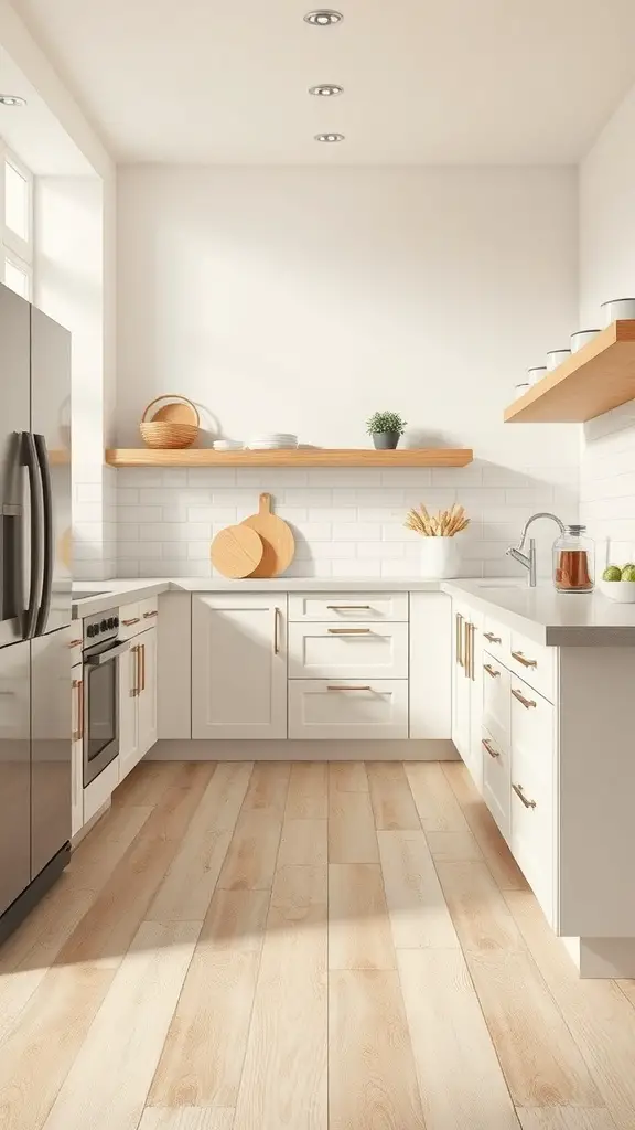 29+ Warm Neutral Kitchen Ideas to Transform Your Space 15 A warm neutral kitchen with light wood flooring, white cabinets, and a modern design.