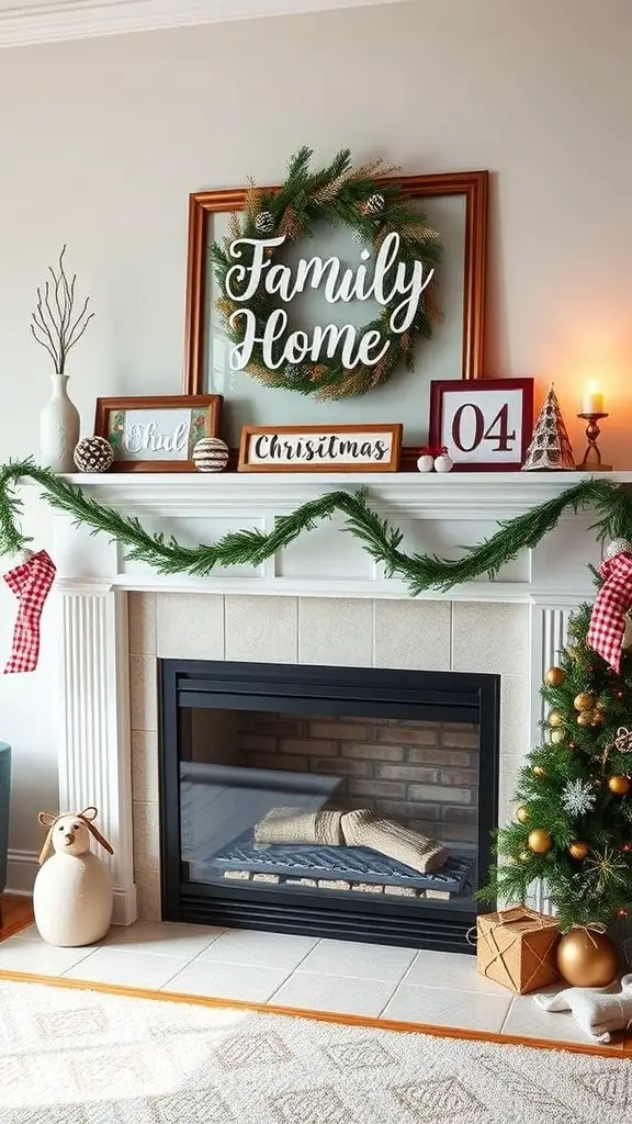 A cozy fireplace mantle decorated for Christmas with a 'Family Home' sign, festive wreath, and family-themed decor.