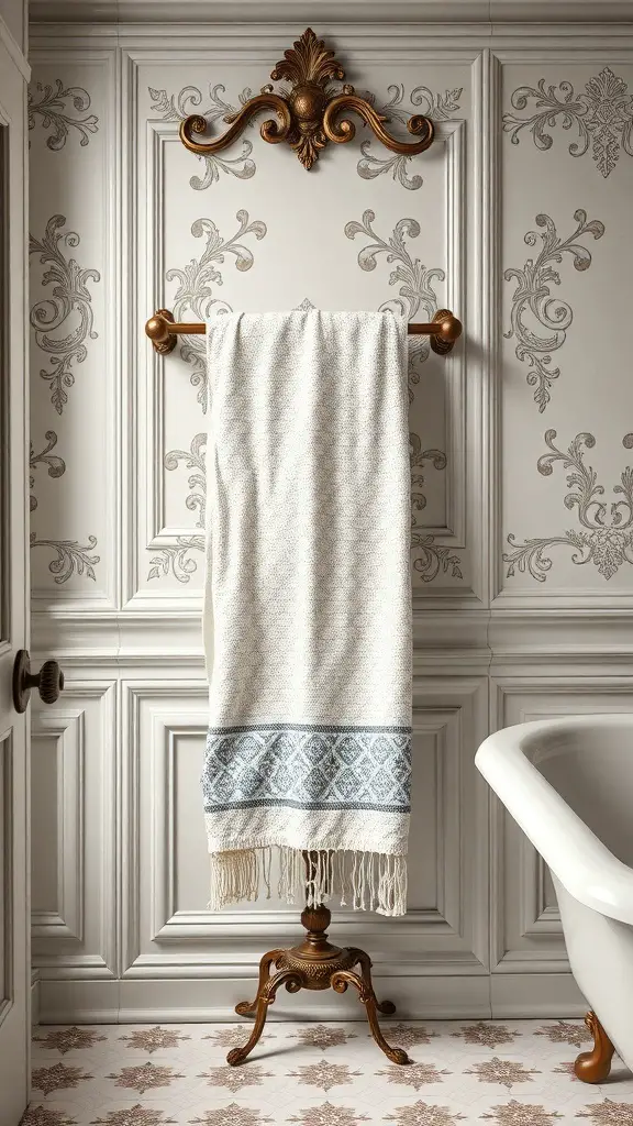 23+ Stylish Bathroom Towel Rack Ideas You’ll Love 3 A vintage towel rack with ornate details holding a white towel with a blue pattern against a decorative wall.