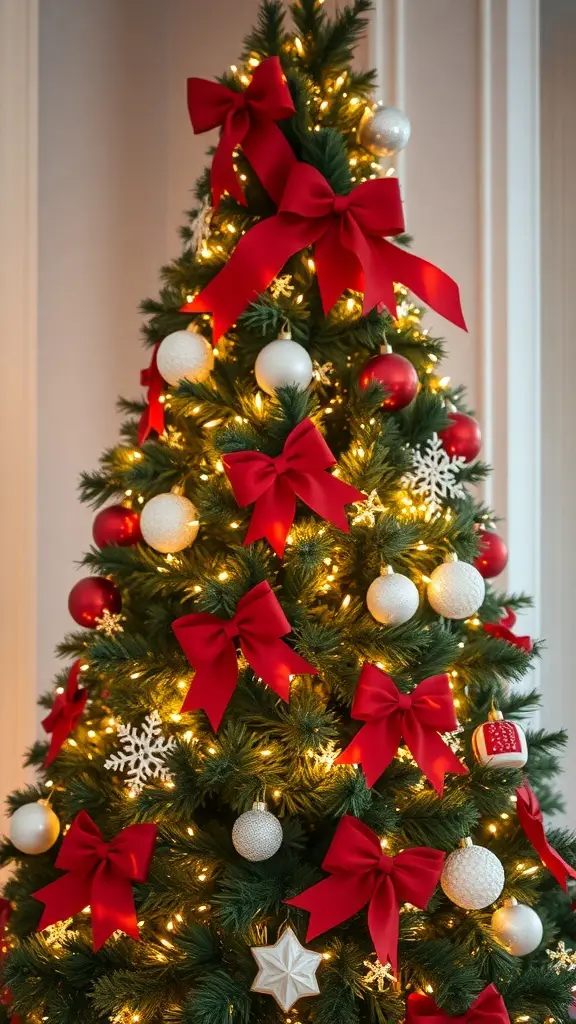 A Christmas tree decorated with red bows, white lights, and ornaments.