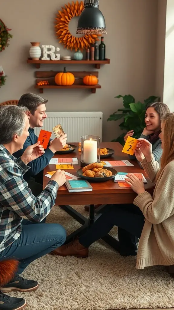 A group of friends playing a trivia game at a Thanksgiving gathering.