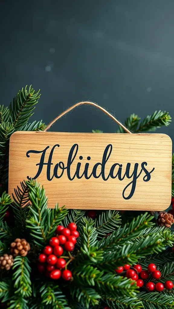 Wooden sign with the word 'Holiidays' surrounded by greenery and red berries.