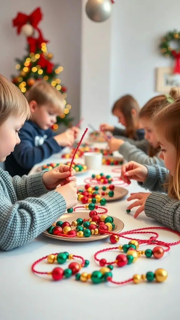 Children making jingle bell bracelets with colorful beads and strings around a festive table