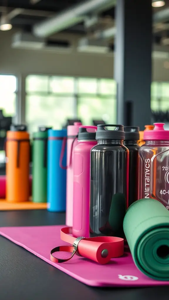 Colorful fitness accessories including water bottles and yoga mats