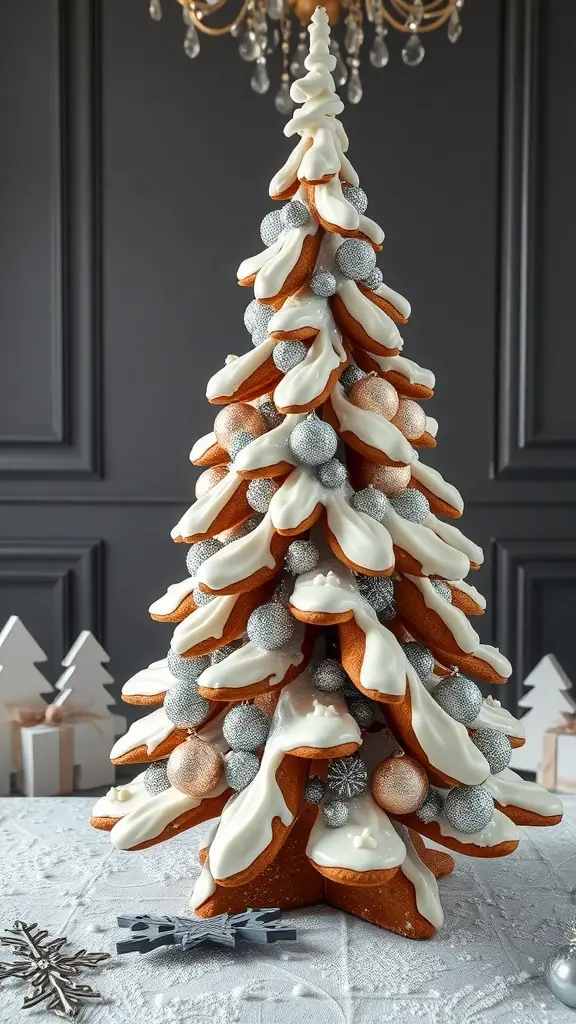 Gingerbread Christmas tree decorated with white icing and colorful ornaments