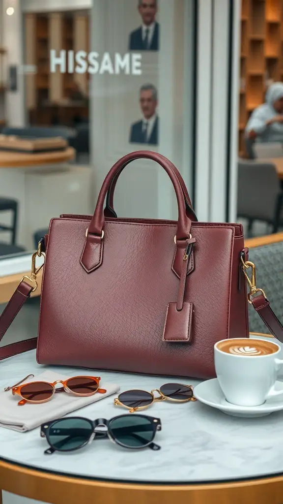A stylish burgundy handbag on a table with coffee and sunglasses