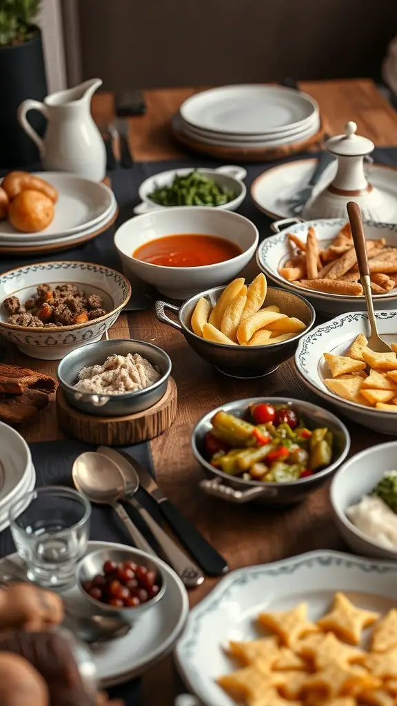 A beautifully arranged grazing table with various dishes and serving utensils.