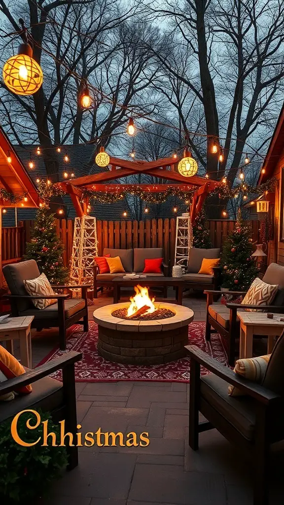 Cozy outdoor Christmas gathering with a fire pit, string lights, and festive decorations.
