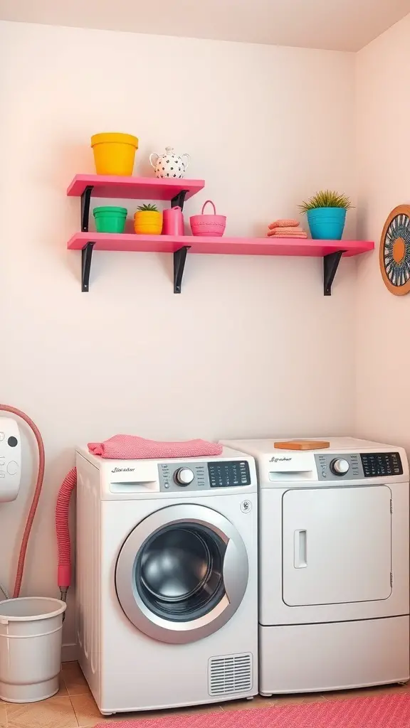 27+ Creative Over Washer and Dryer Shelf Ideas for a Stylish Laundry Room 12 Colorful floating shelves in a laundry room with various decorative pots and accessories.