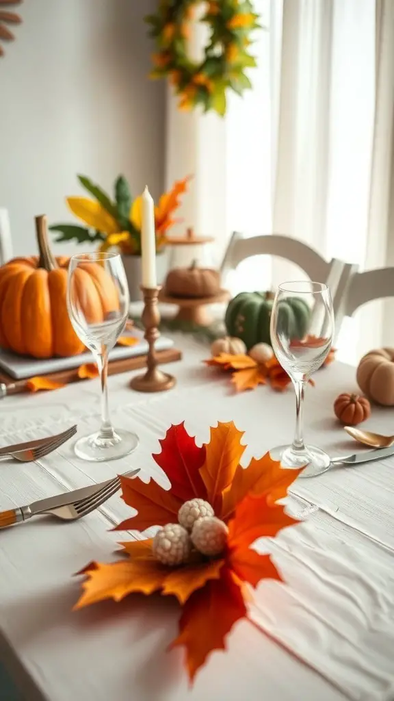 29+ Creative Thanksgiving Party Ideas to Celebrate in Style 16 A beautifully set Thanksgiving table with personalized place cards made from autumn leaves and decorative elements.