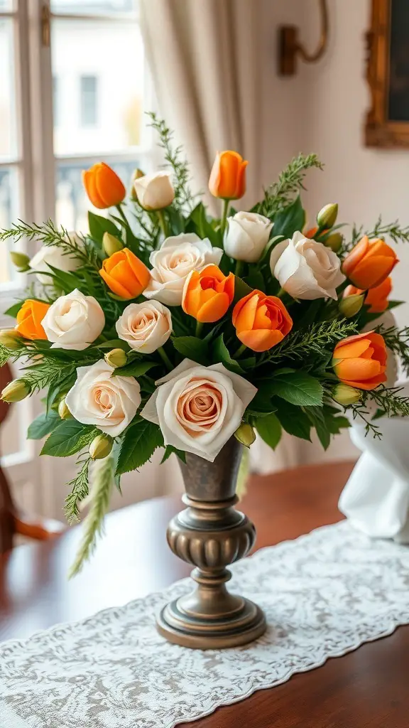 A floral centerpiece featuring white and orange roses and tulips in a bronze vase.