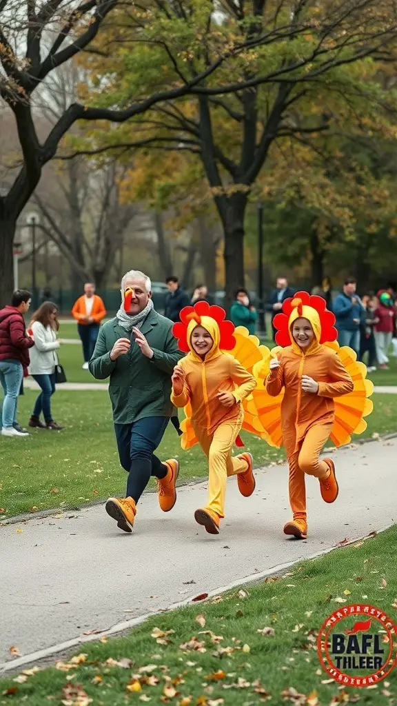 Family members participating in a Turkey Trot Relay Race, wearing turkey costumes and having fun outdoors.