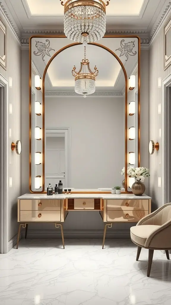 27+ Stylish Vanity Mirror Ideas to Elevate Your Space 12 A stylish vanity area featuring an oversized arched mirror, elegant lighting, and a chic vanity.