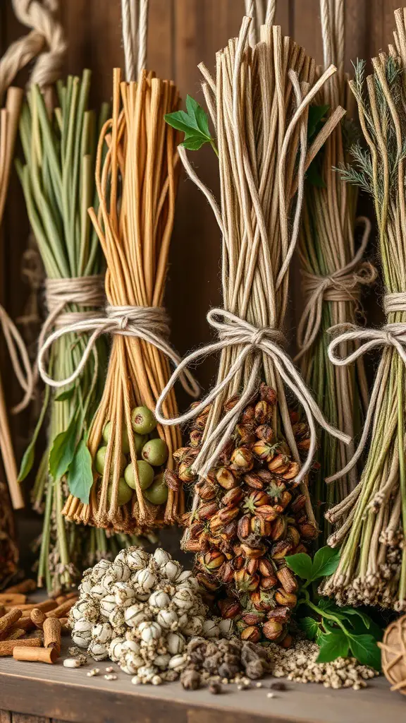 An assortment of herbal and spice bundles tied with twine, showcasing various colors and textures.