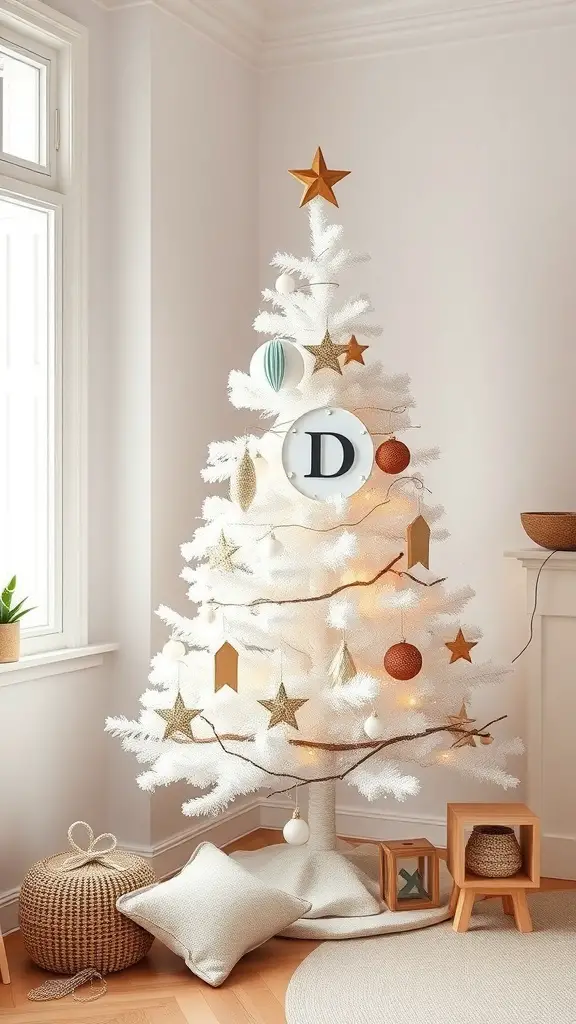 A minimalist Scandinavian style white Christmas tree decorated with simple ornaments and a star on top.