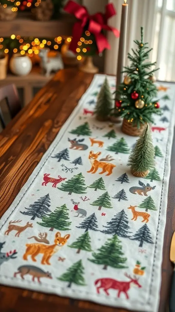 29+ Stunning Christmas Table Runner Ideas for a Festive Holiday Table 14 A Christmas table runner featuring woodland creatures and trees, set on a wooden table with festive decorations.