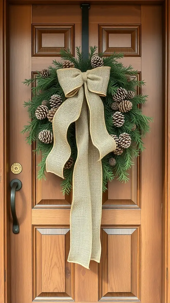 25+ Festive Christmas Swags Ideas for Your Front Door 4 Rustic burlap and pinecone swag hanging on a wooden door