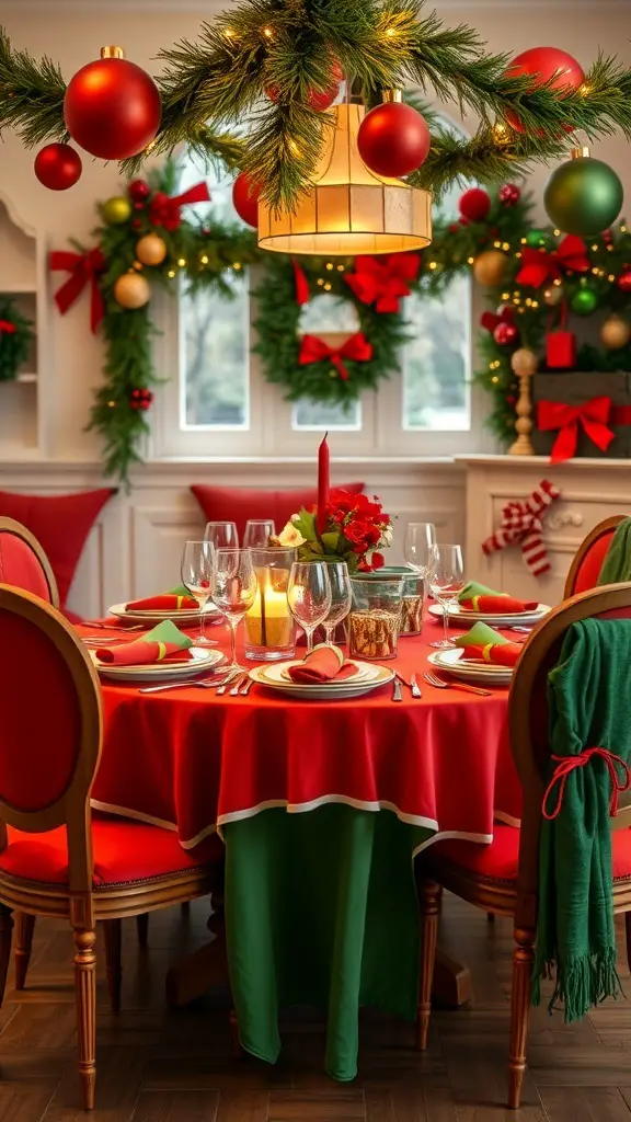 A beautifully decorated Christmas dining table with red and green color scheme, featuring candles, glassware, and festive decorations.