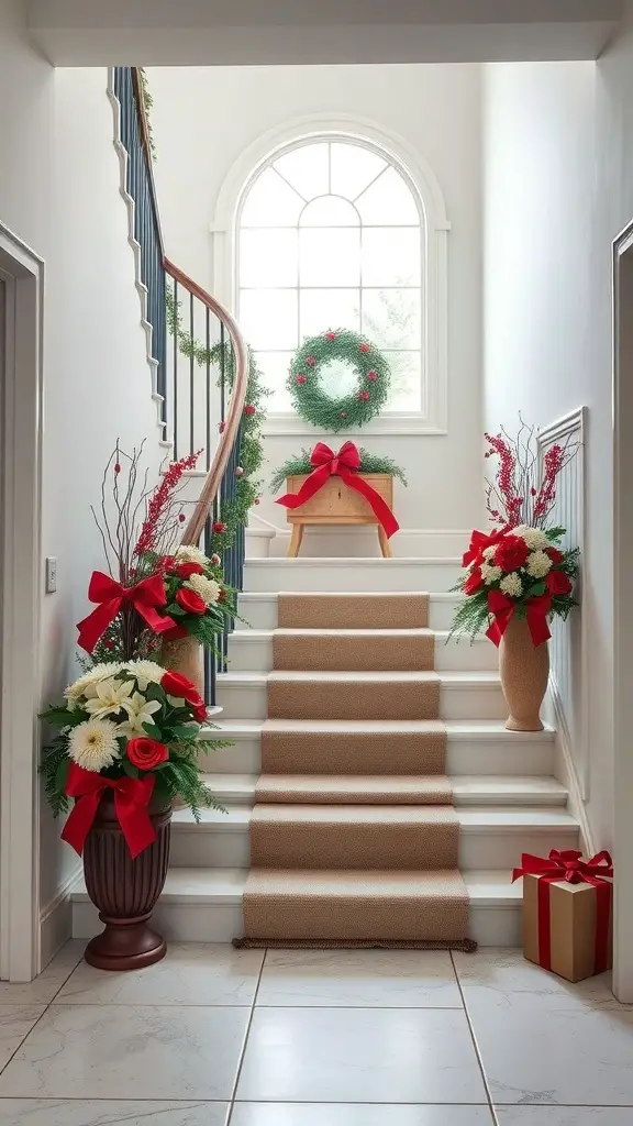 25+ Creative Christmas Staircase Decor Ideas to Transform Your Home 12 A beautifully decorated staircase with floral arrangements, wreaths, and festive ribbons.