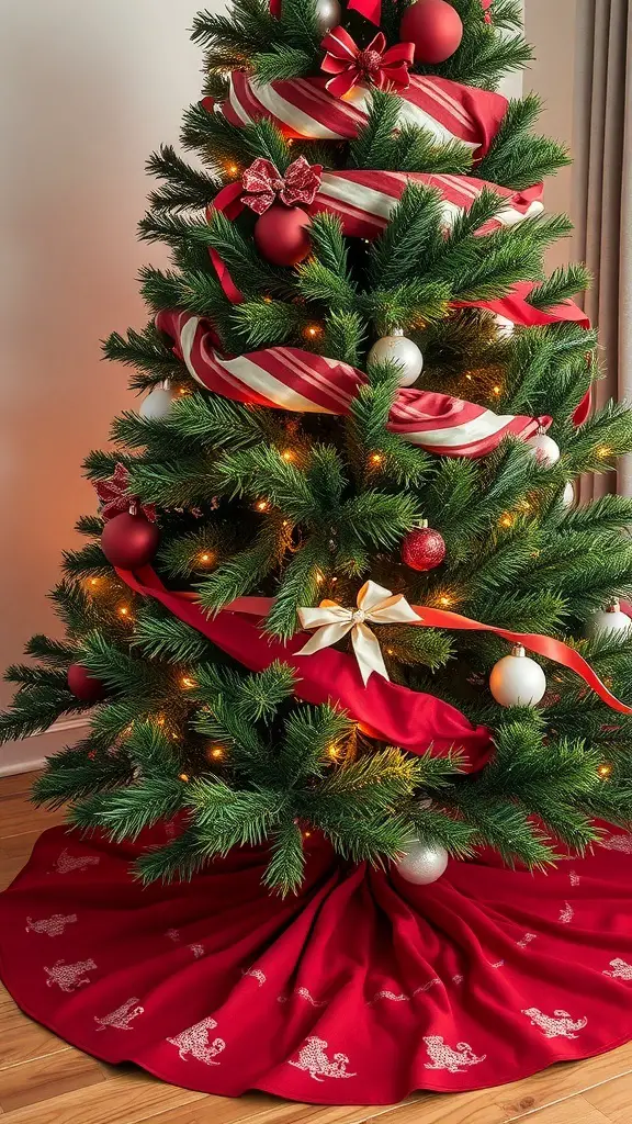 A Christmas tree with a red skirt and festive decorations.