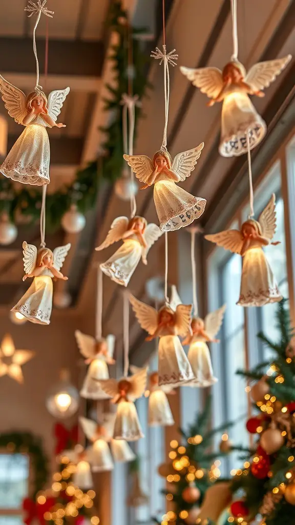 29+ Creative Christmas Ceiling Decoration Ideas to Festively Transform Your Home 15 A collection of charming angel figurines hanging from the ceiling, creating a festive atmosphere.