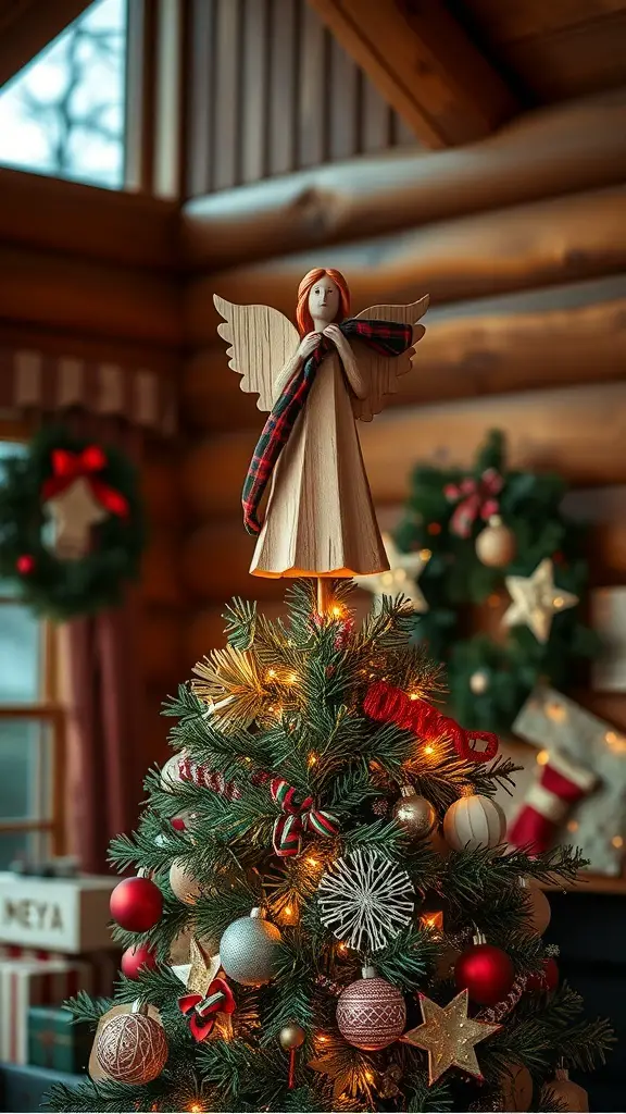 23+ Stunning Christmas Tree Topper Ideas to Inspire Your Holiday Decor 7 A rustic wooden angel tree topper with a plaid scarf on a Christmas tree, surrounded by festive decorations.