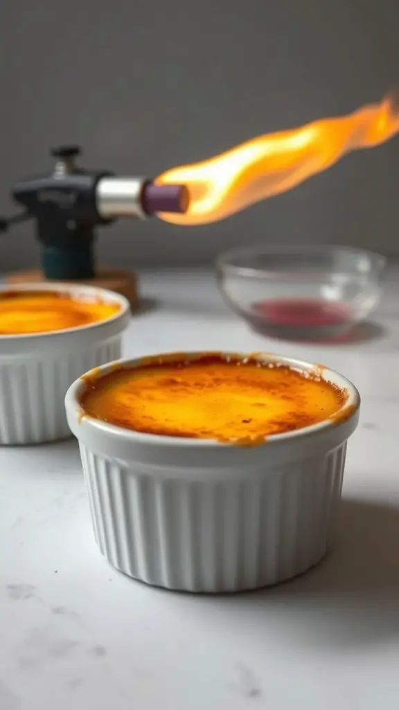 27+ Delightful Thanksgiving Desserts You Need to Try 15 Two ramekins of vanilla bean crème brûlée with a kitchen torch in the background