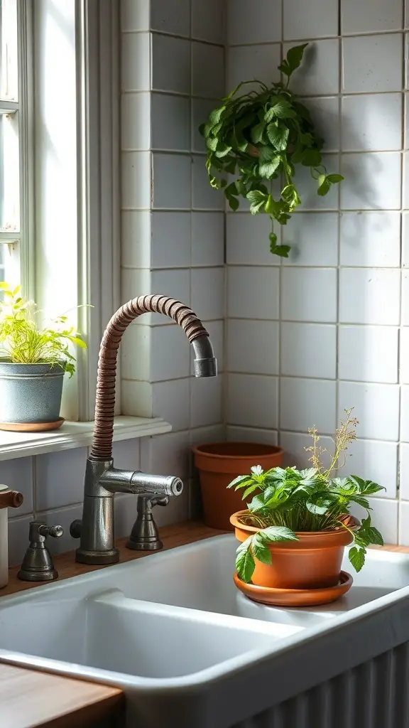 31+ Rustic Kitchen Design Ideas to Transform Your Space 6 A vintage farmhouse sink with potted plants and a stylish faucet in a rustic kitchen.