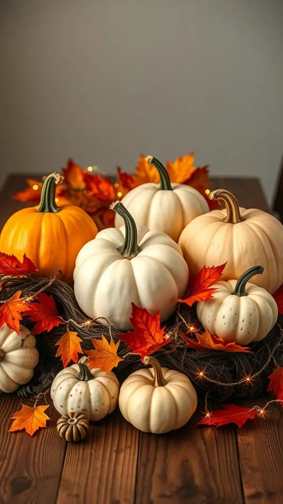A rustic arrangement of white and orange pumpkins surrounded by autumn leaves and fairy lights.