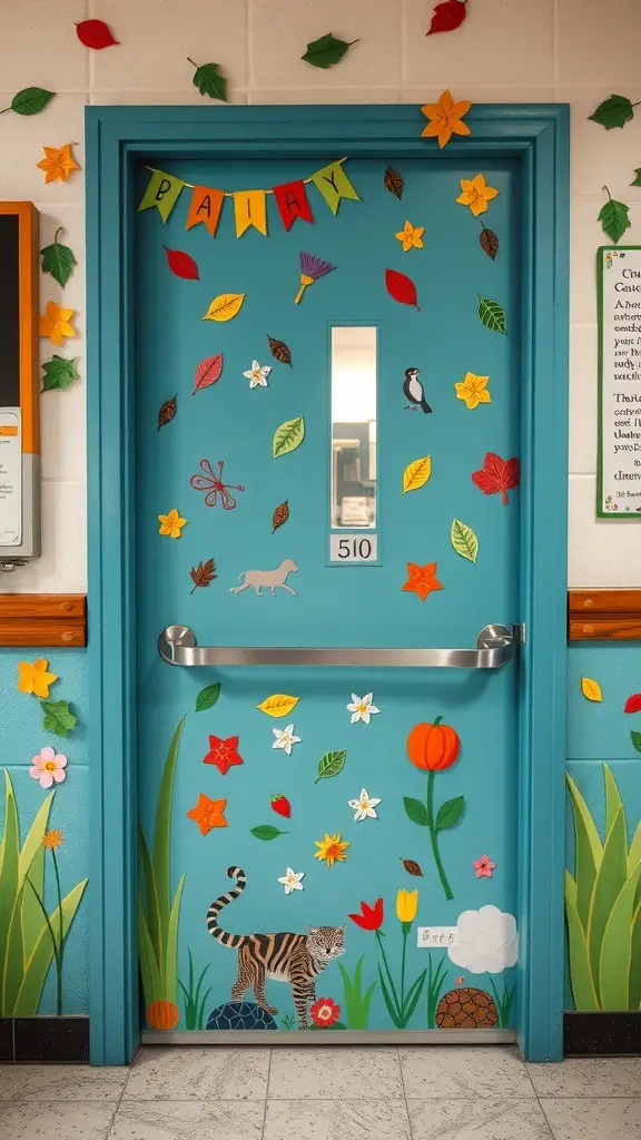 A classroom door decorated with colorful leaves, flowers, and animals, creating a nature-inspired theme.
