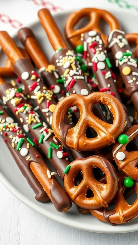 A plate of chocolate-dipped pretzels decorated with colorful sprinkles.