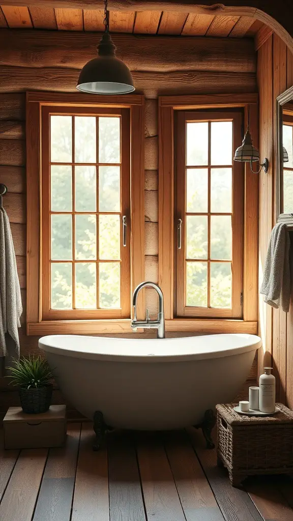 Rustic bathroom with wooden window frames and a freestanding bathtub