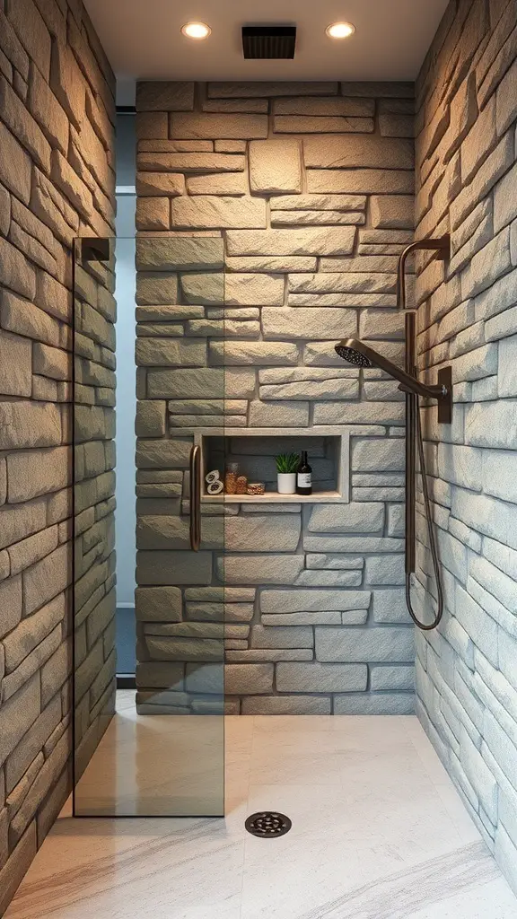25+ Stunning Walk-In Shower Ideas with No Doors for a Sleek Bathroom Design 8 A walk-in shower featuring textured stone walls and sleek fixtures.