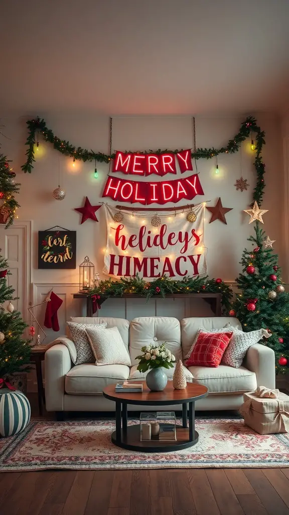 25+ Creative Christmas Decor Ideas for Your Living Room 16 A cozy living room decorated for Christmas with festive signage and decorations.