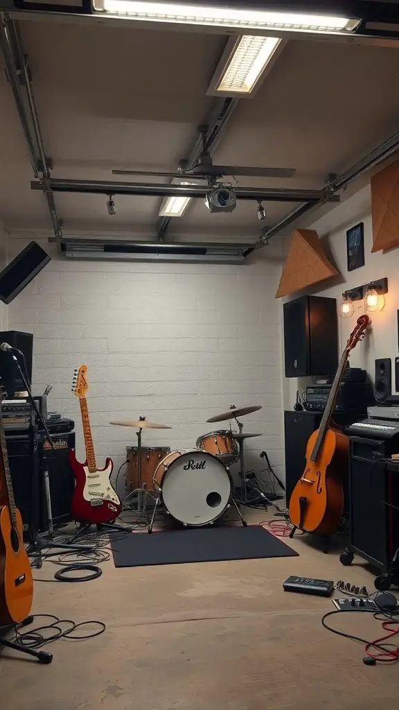 23+ Creative Garage Conversion Ideas for Your Home 12 A garage converted into a music studio with instruments and sound equipment.